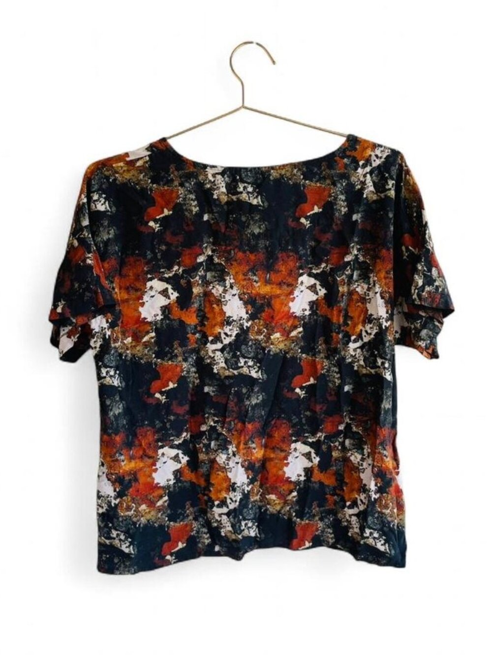 Storm & Marie Abstract Print Blouse – Black Rust Artistic Tee (Size 38)